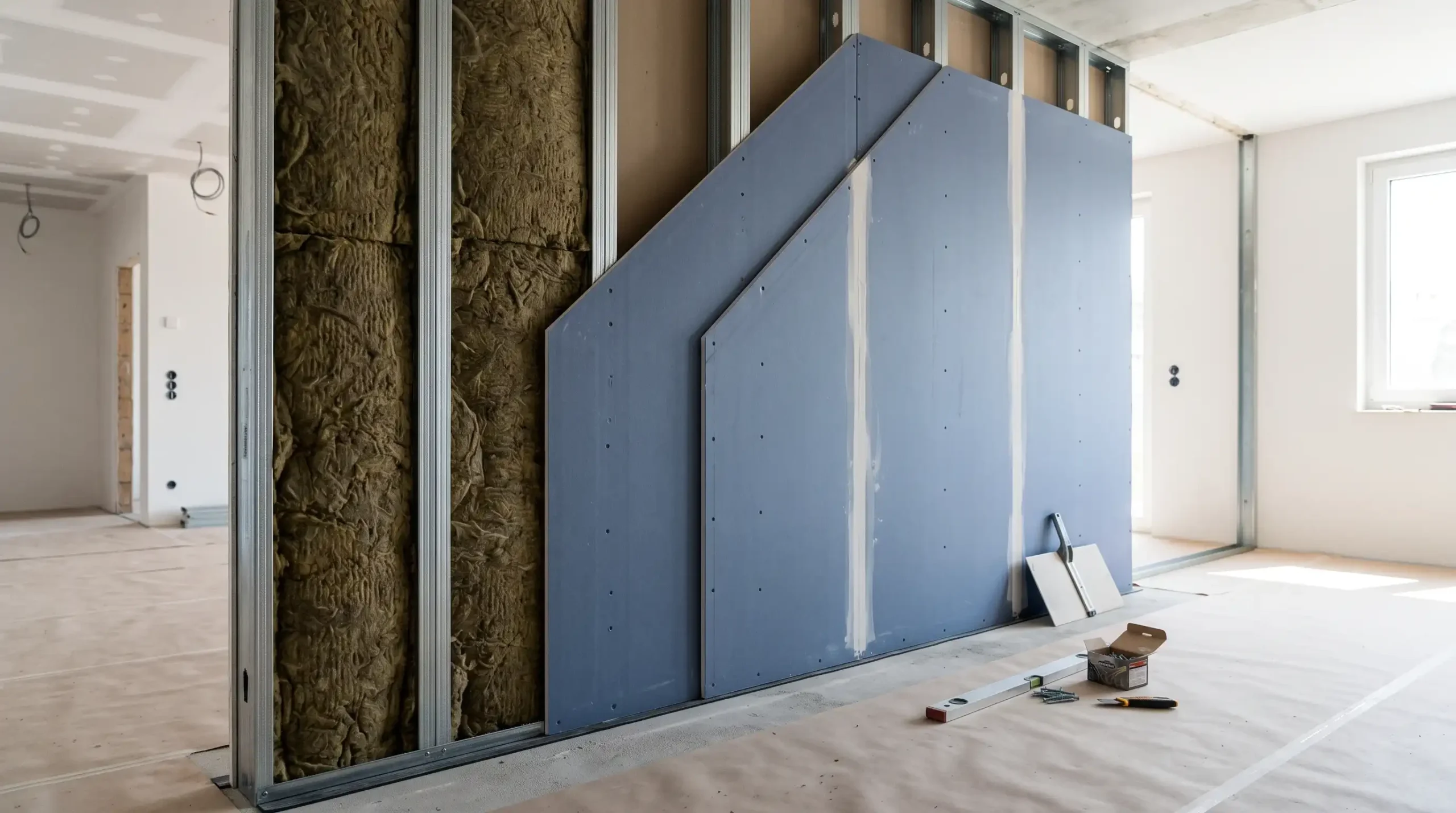 Aufbau einer modernen Schallschutzwand im Trockenbau mit Metallprofilen, Mineralwolle und blauen Akustik-Gipsplatten.